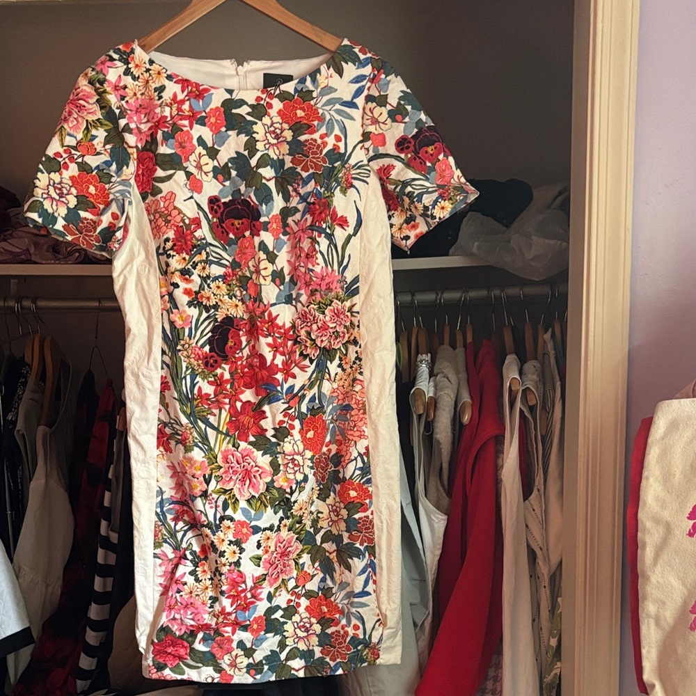New Adrianna Papell White Floral Sheath Dress with Multi-Color Blooms